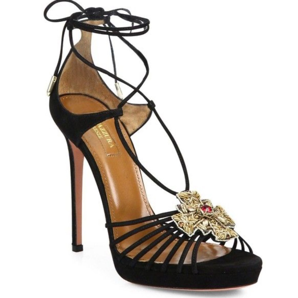 Aquazzura Women's Empress Embellished Suede Lace-Up Sandals - Blac
